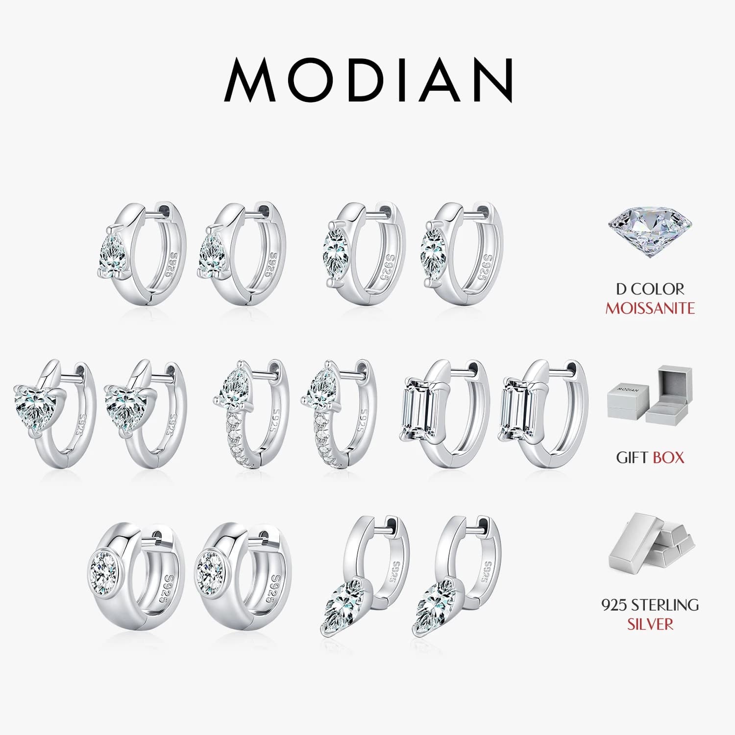 MODIAN 7 stili di orecchini a cerchio con moissanite in argento sterling 925, geometrici, a goccia, a forma di cuore, per donna, gioielli raffinati