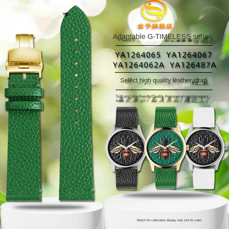 Cinturino per orologio per GUCCI YA1264065 Little Bee ricamato Gucci bracciale da 20mm con cinturino per orologio Lea/ther verde da uomo e da donna