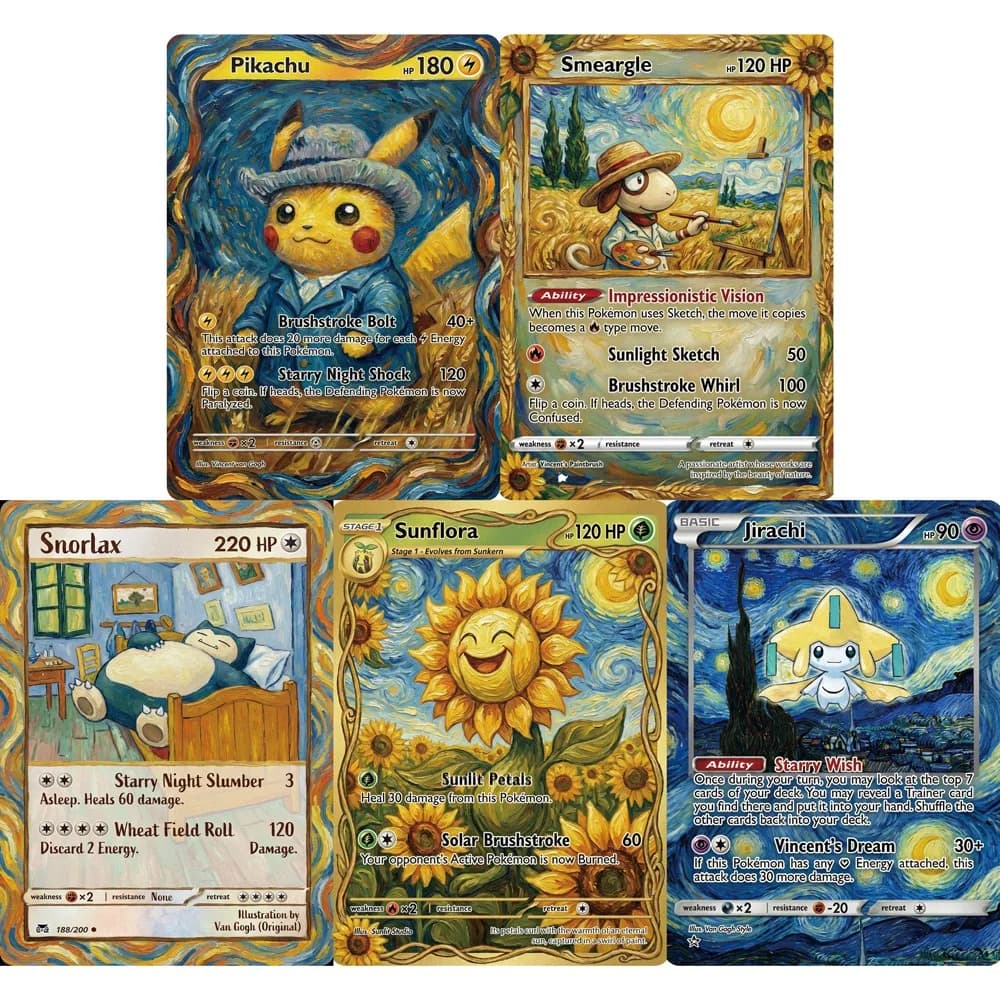 5 Carte Pokémon Smeargle Snorlax Sunflora Jirachi Serie Post-Impressionismo Van Gogh, Carte PTCG Rare Olografiche
