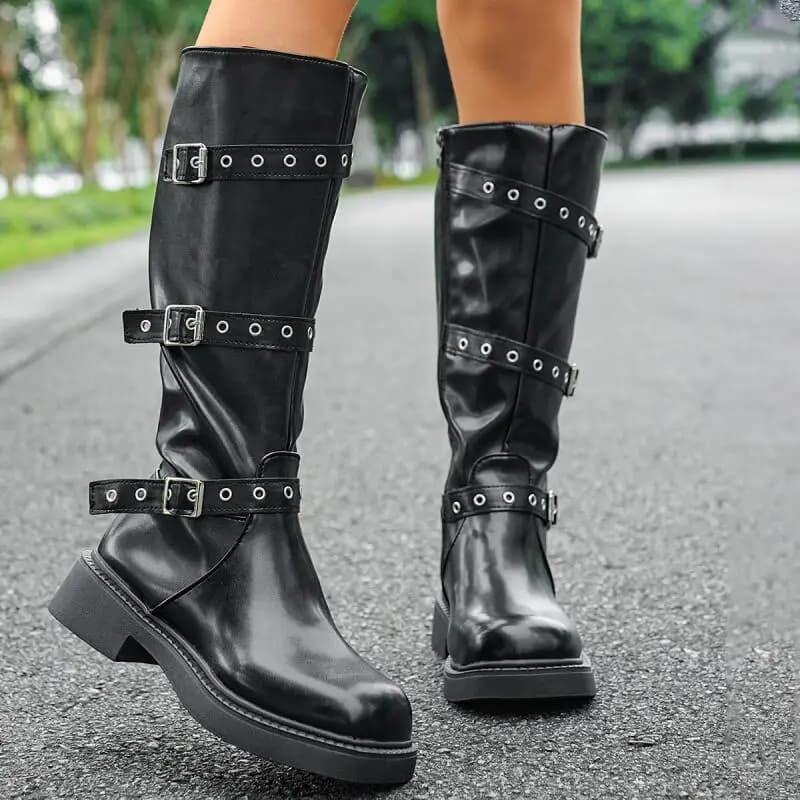 Punk Metal Belt Buckle Pu Knee High Boots Women 2025 Winter Sexy Medium Heel Black Long Riding Boots Casual Western Cowboy Shoes