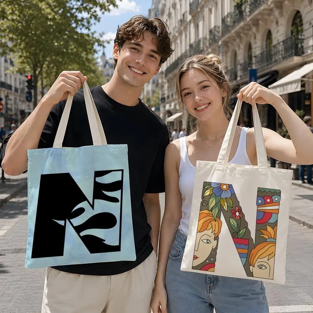 Art C-Creative l-letter N-N Storage Bags Reusable Canvas Tote Suitable for School Class Commuting Shopping as Gifts
