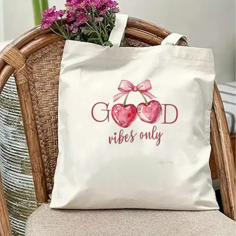 Seaside Photogenic Prop Canvas Tote Bag Cherry Print Reusable Beach Bag Large Capacity Vacation Accessory For Women Trendy Style