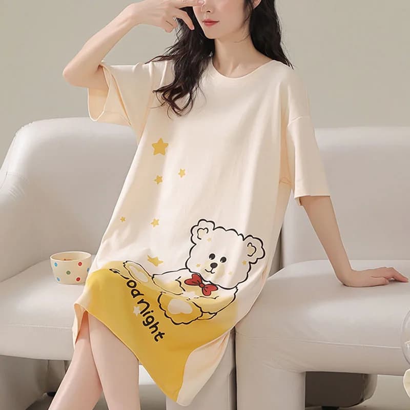 Pigiama da donna di grandi dimensioni Camicia da notte a maniche corte Orso cartone animato 5xl Abito lungo da studente Gonna lunga da coniglio Abito da ragazza loungewear