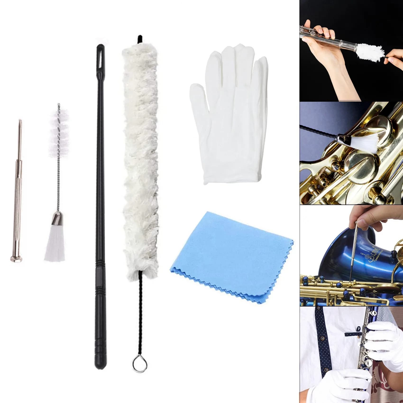 7pcs Versatile Flute Saxophone Clarinet Cleaning Kit Cotton Cleaning Brush Double End Dust Brush Instrument Maintenance Set