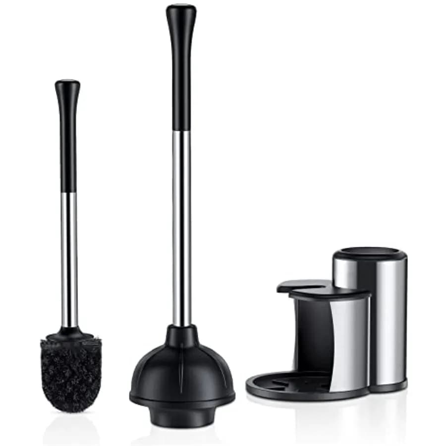 Set di sturalavandini e spazzola per WC: Set 2 in 1 in acciaio inossidabile resistente con supporto per la pulizia del bagno