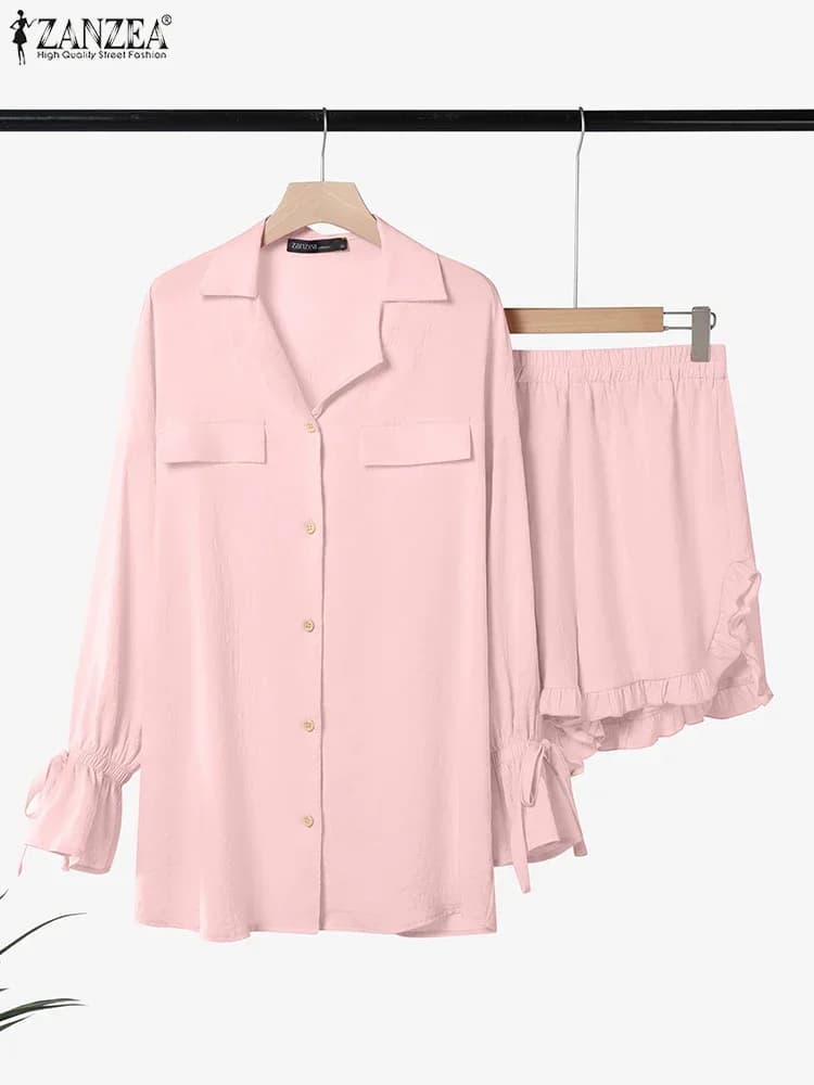 ZANZEA 2025 Fashion Autumn Women Suits Short Sets Casual Ruffled Long Sleeve Shirts Loose Shorts Outfits Elegant Work Sets 2PCS