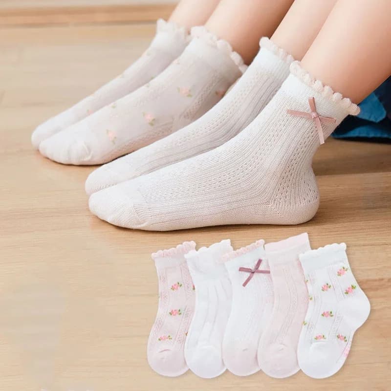 Calzini per bambini 5 paia/lotto Calzini in cotone primaverili ed estivi per ragazze con motivo a fiori carini per bambini, accessori per abbigliamento per bambine