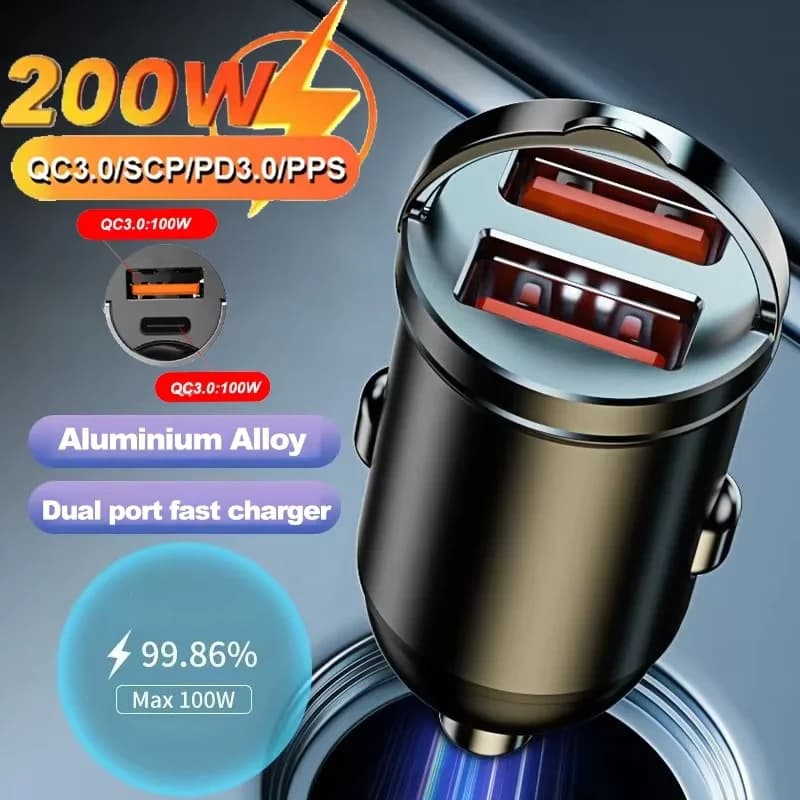 Caricatore mini USB a doppia porta da 200 W per auto Presa accendisigari a ricarica ultra veloce Adattatore di ricarica per telefono cellulare in alluminio 12-24 V