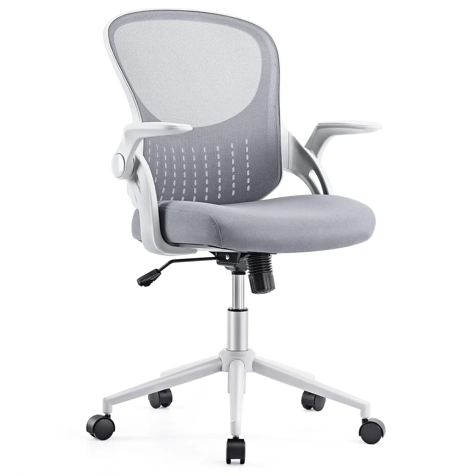 Sedia da Ufficio Ergonomica con Braccioli Ribaltabili, Altezza Regolabile, Seduta Larga Girevole, Cuscino Spesso, Supporto Lombare, Grigia