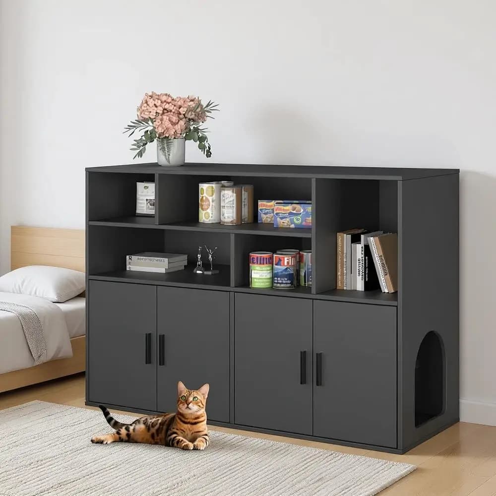 Mobiletto per lettiera doppia con ampio spazio contenitivo, mobiletto per lettiera nascosta o 2 lettiere, armadietto in legno per gatti