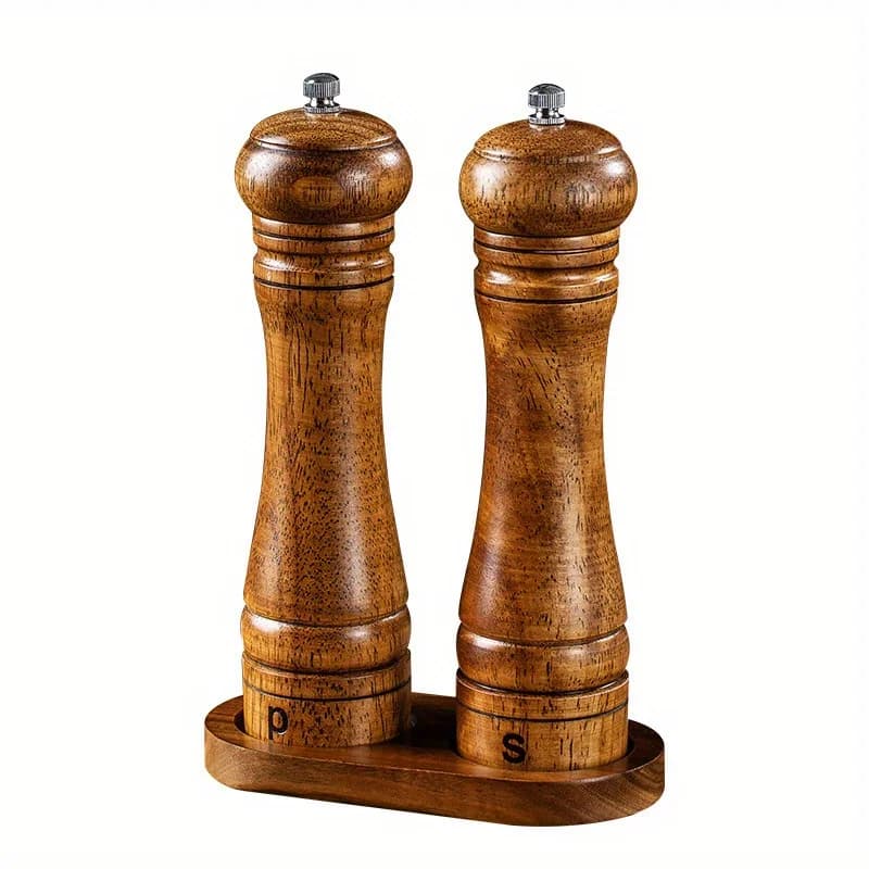 Set Macinapepe Manuale con Base in Legno di Gomma, Saliera con Rotore in Ceramica Regolabile - Bottiglia Ricaricabile in Legno per Macinare Spezie e Sale