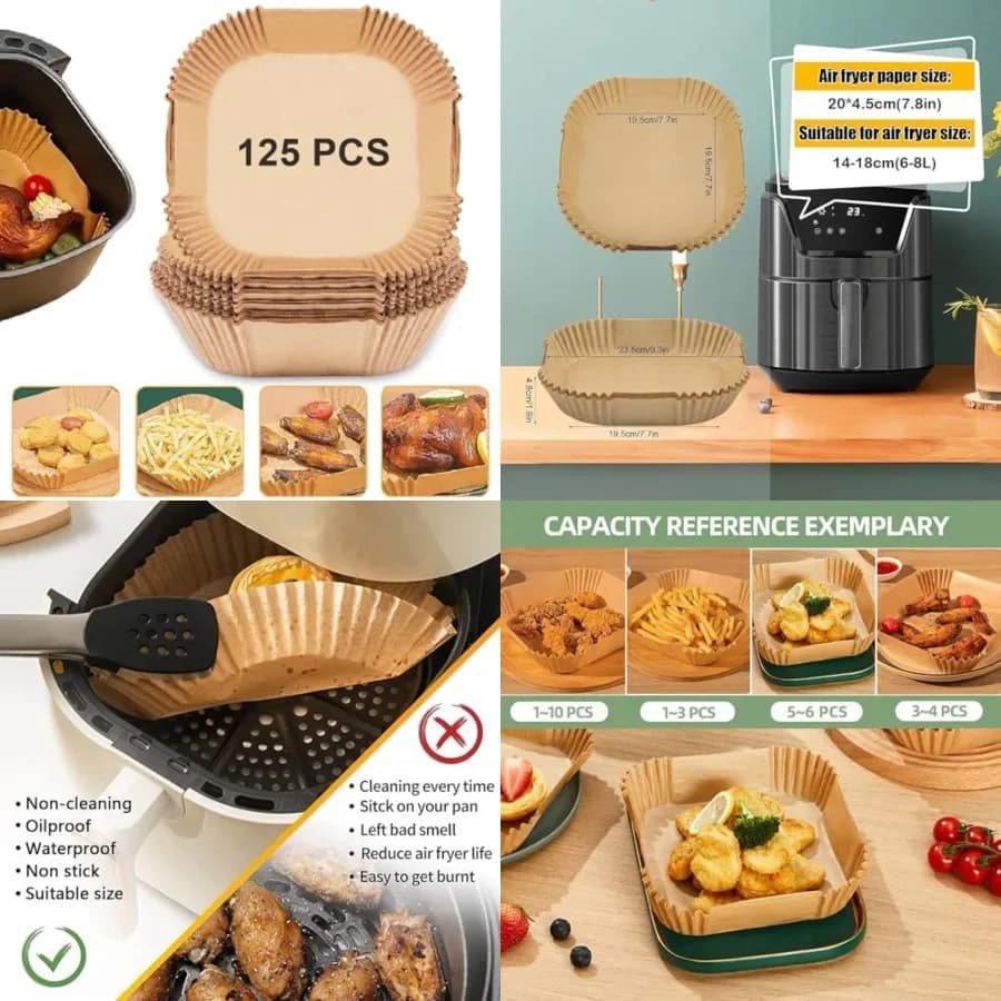 Cartine per Friggitrice ad Aria, 125 Pezzi, Antiaderenti Monouso, Carta da Forno per Friggitrice ad Aria, Resistenti all'Olio e all'Acqua, Carta Parch Food Grade