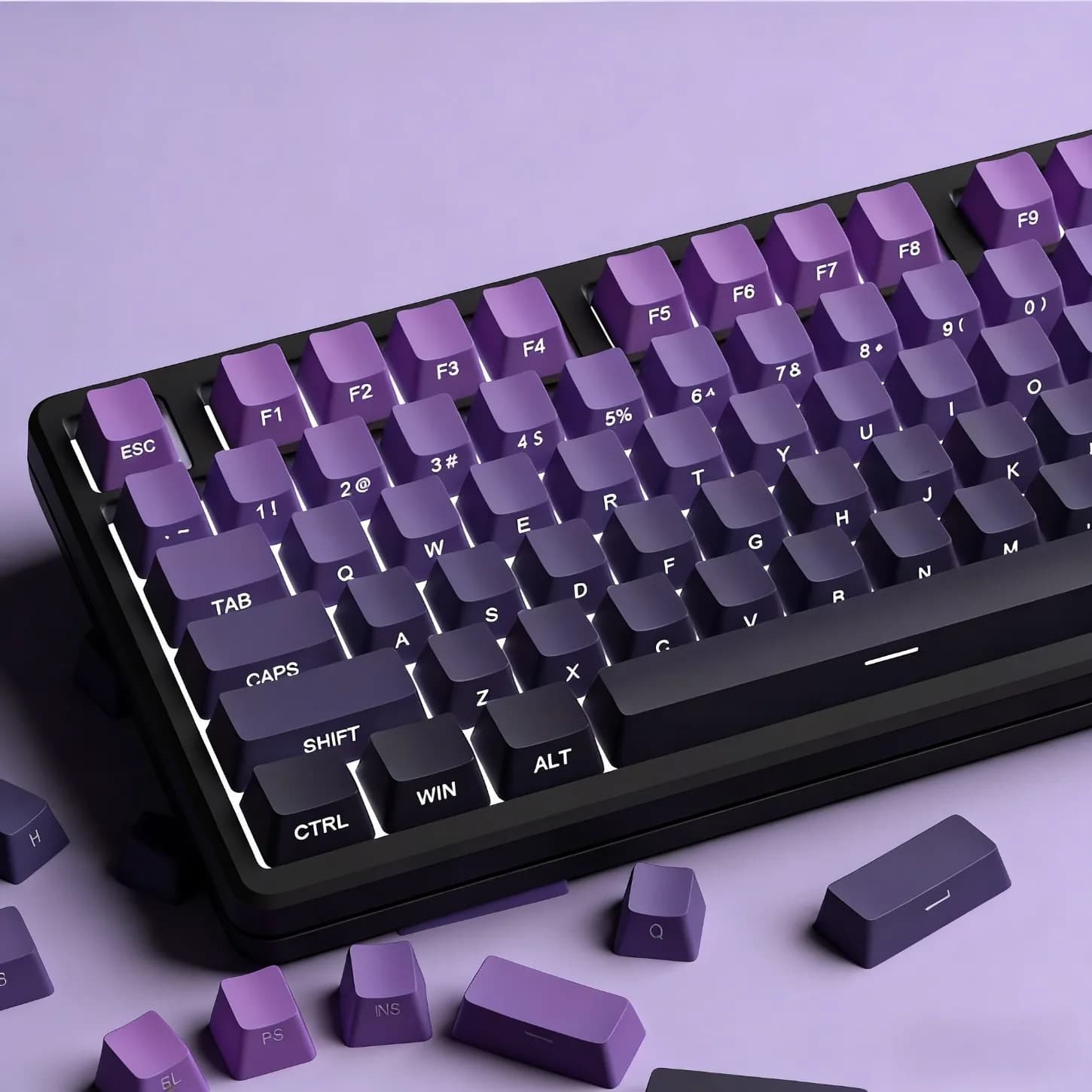 Set di 134 Tasti Retroilluminati in PBT Profilo Cherry, Gradiante Viola-Grigio con Stampa Laterale per Tastiere Meccaniche da Gaming con Switch MX
