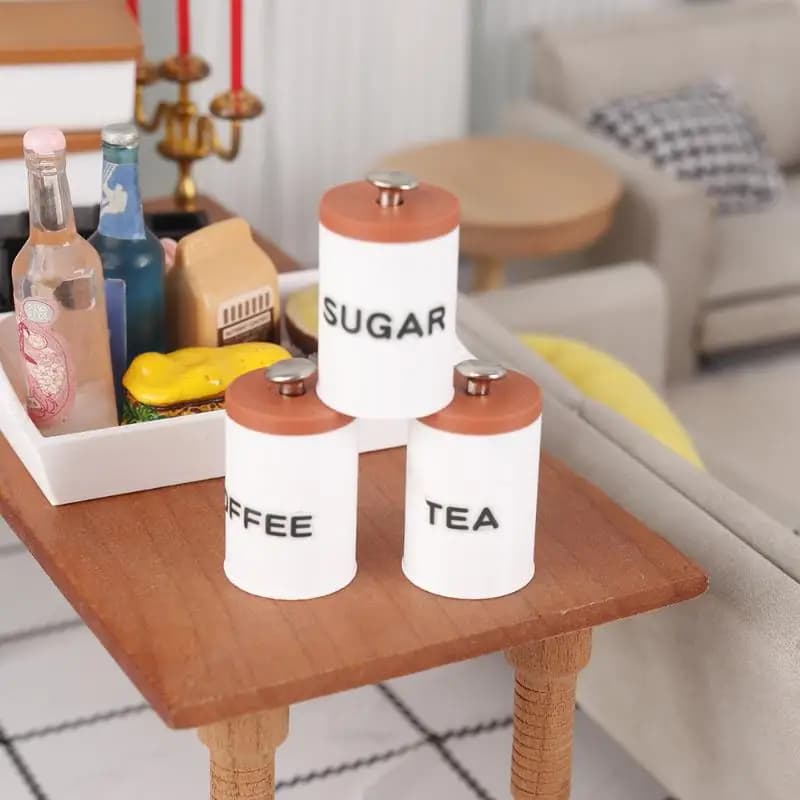 1/12 Dollhouse Decor Spice Jars with Lids for Tea Coffee Sugar Storage Set of 3
