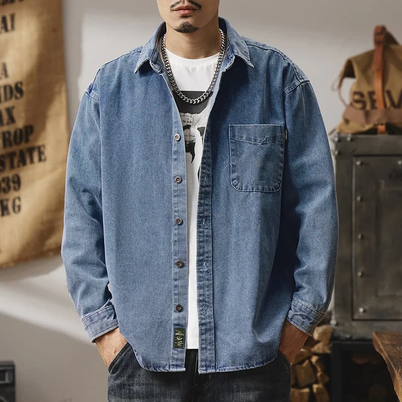 Camicia di jeans da uomo, giacca da lavoro blu americana primaverile e autunnale, giacca a maniche lunghe antirughe casual per giovani di inizio autunno