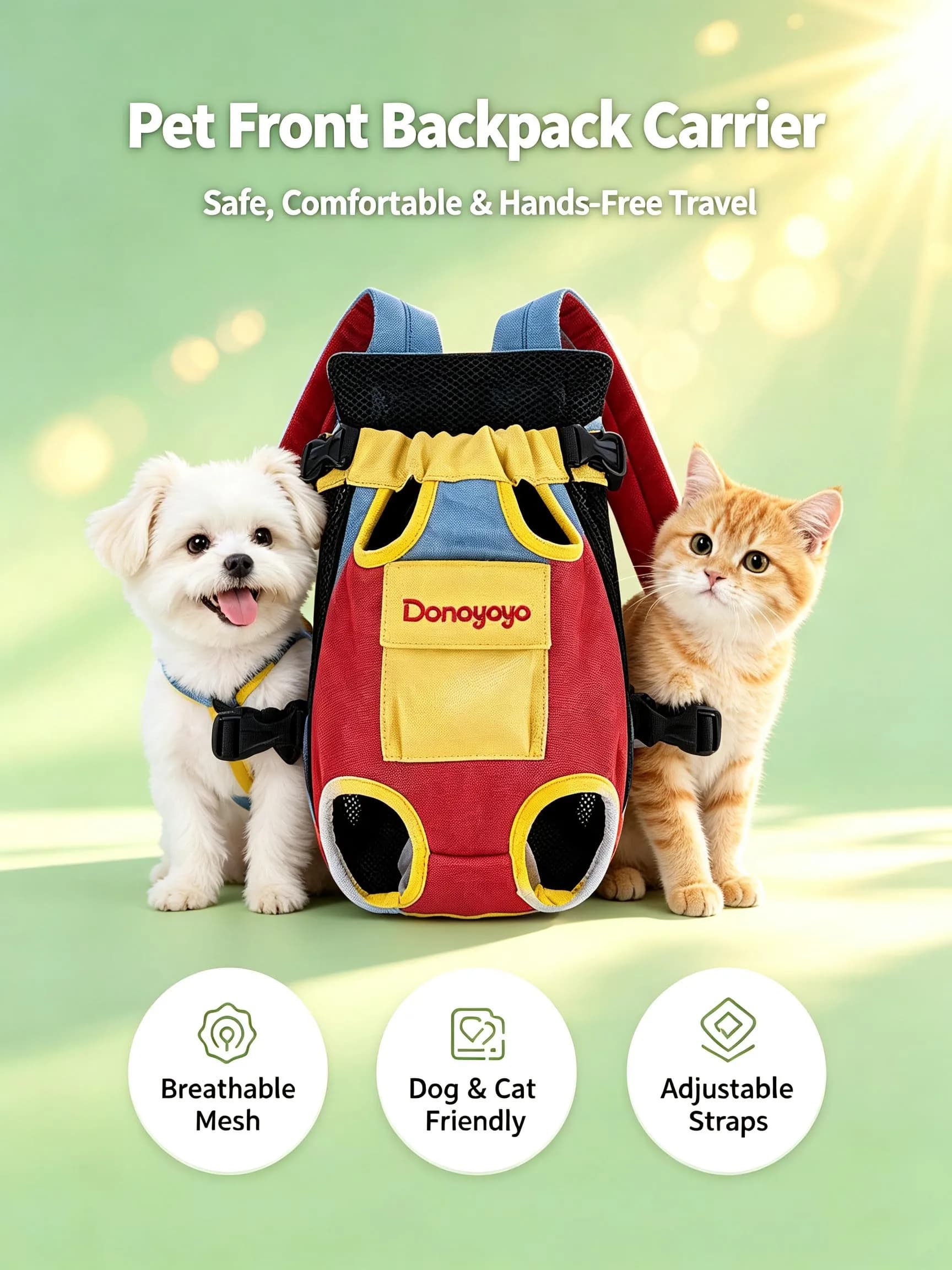Pet Backpack Carrier for Cats & Dogs - Front Chest Strap, Breathable Travel Bag for Small Animals, Hands-Free