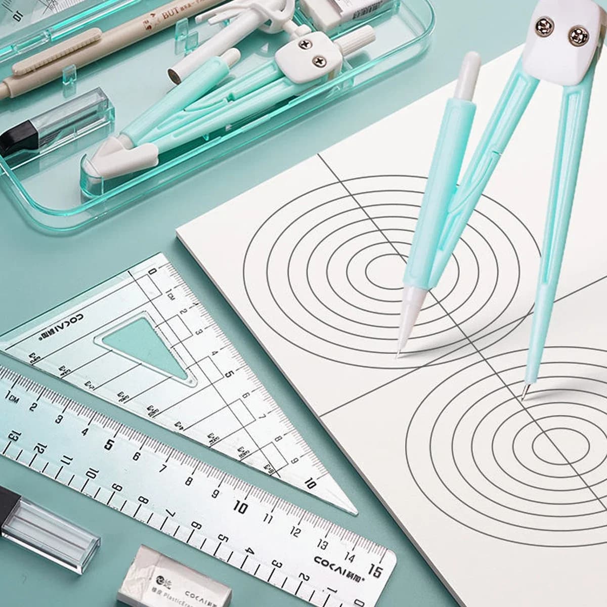 Set di 9 Righelli Kawaii per Esami, Compasso, Righello Dritto e Goniometro, Strumenti Portatili per Disegno Matematico, Forniture di Cancelleria