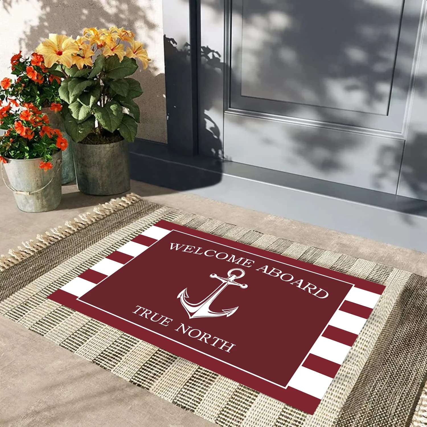 Bienvenuto A bordo zerbino Barca Anchor nautico Strisce Nome di famiglia personalizzato Zerbino anteriore Tappetino di benvenuto personalizzato per interni ed esterni