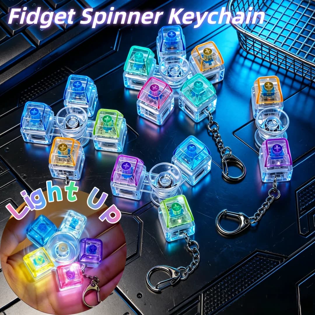 Rotatable Keyboard Fidget Spinner Keychain Mechanical Axis LED Light Crystal Clicker Stress Relief Sensory Therapy Finger Toy