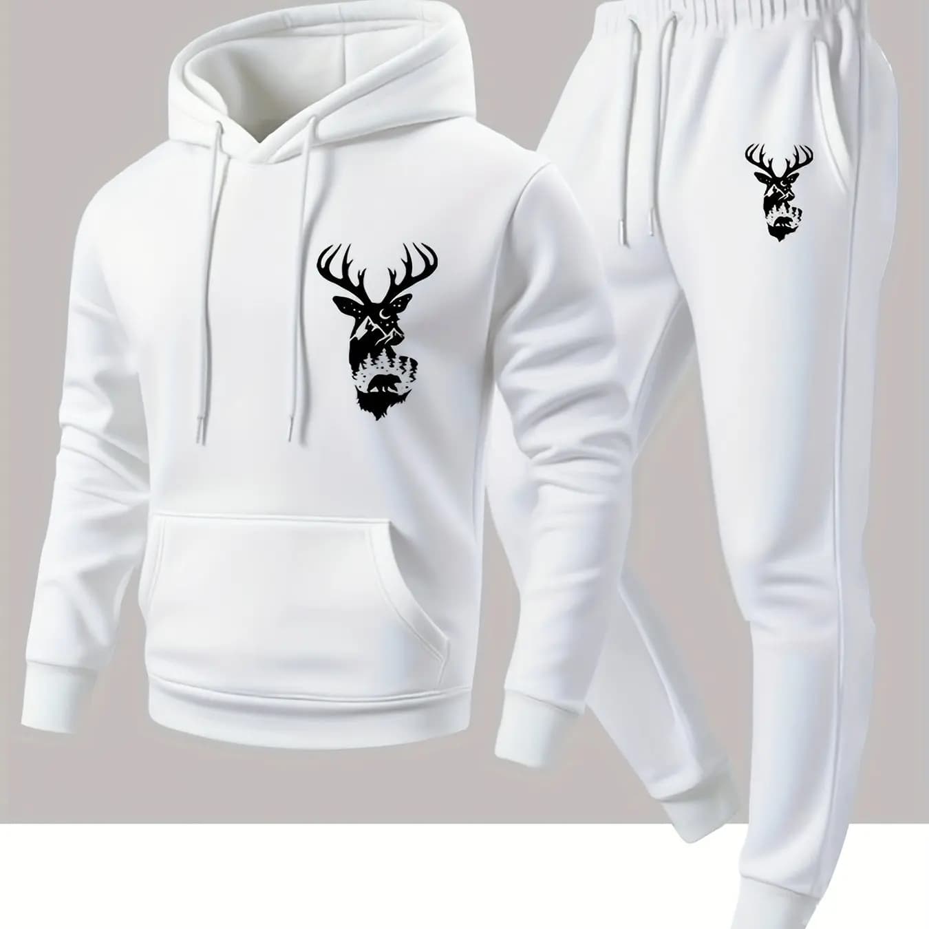 2026 Men's stylish hooded elk heat transfer print hoodie and sweatpants set, a casual and versatile outdoor two-piece set