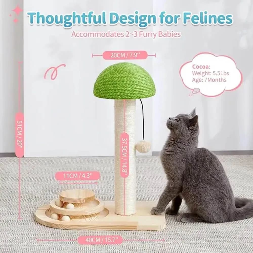Mushroom Cat Tree with Sisal Scratching Post, Natural Wood Cat Tower with Interactive Ball Toy for Indoor Cats