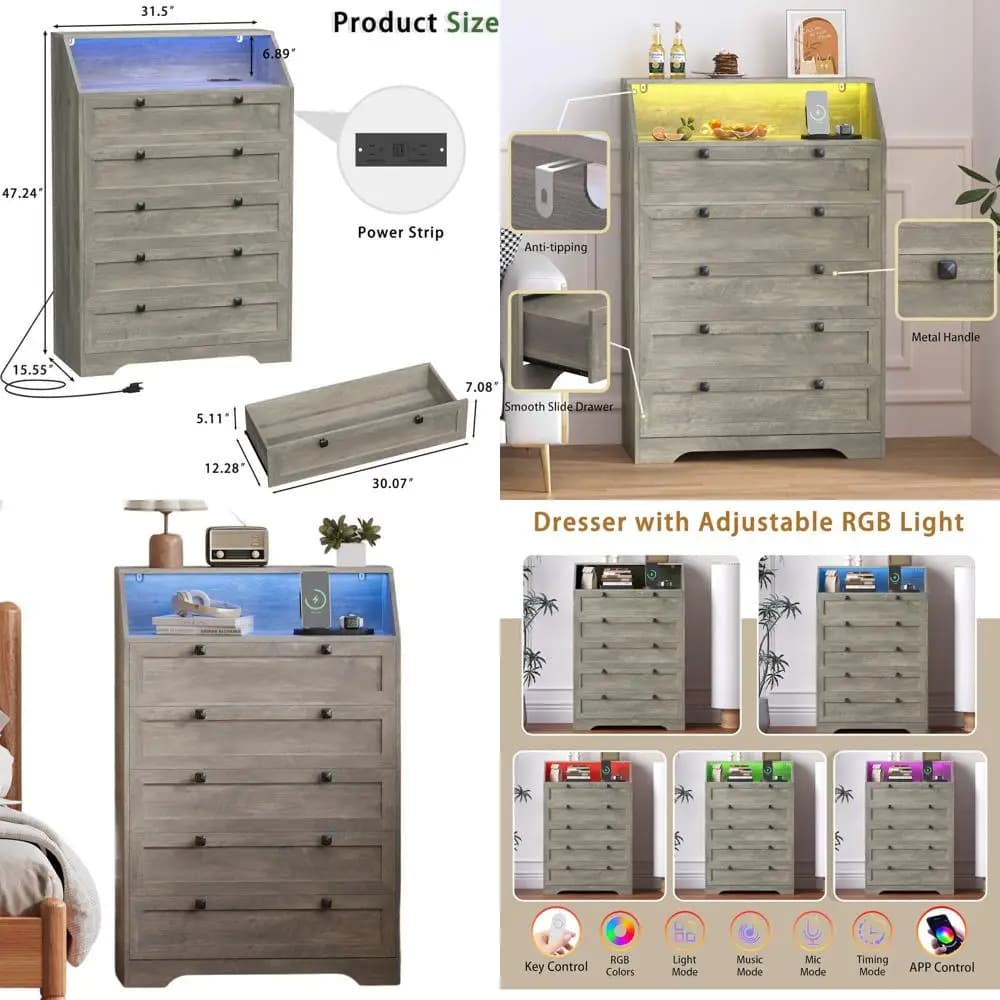 Mobiletto Alto in Legno con 5 Cassetti, Luci LED, Stazione di Ricarica e Maniglie in Metallo per Camera da Letto, Soggiorno o Corridoio