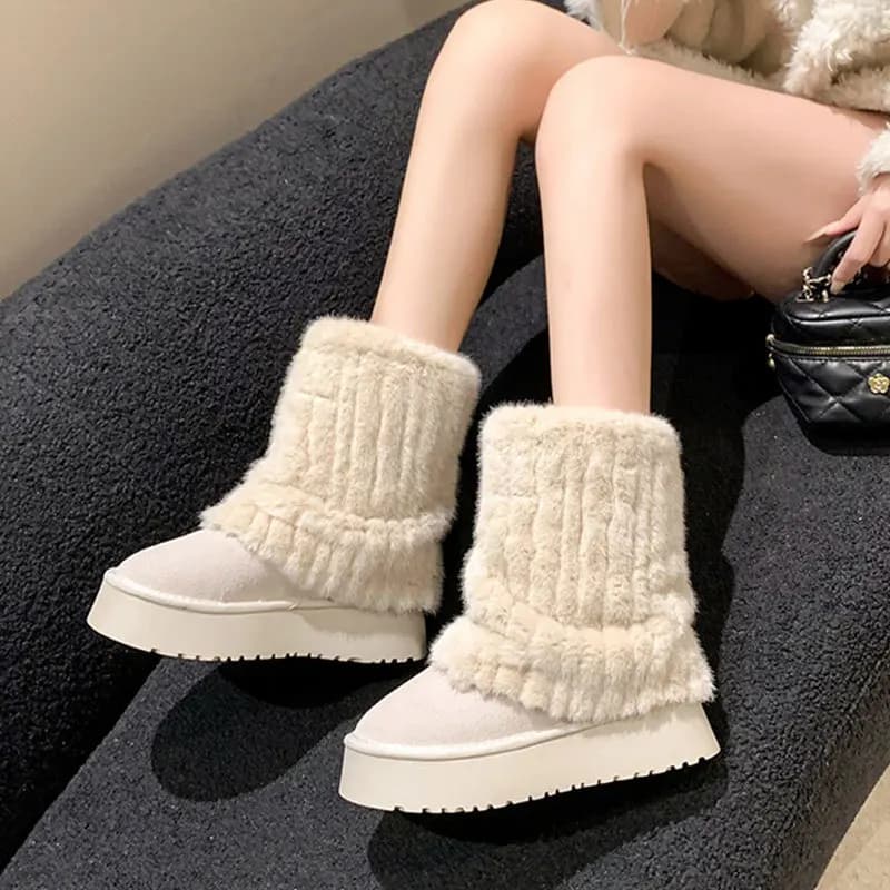 Stivali da Neve da Donna con Suola Spessa e Fodera in Pelliccia, Scarpe Invernali Calde in Cotone, Stile Coreano alla Moda con Tacco Piatto e Suola in Gomma