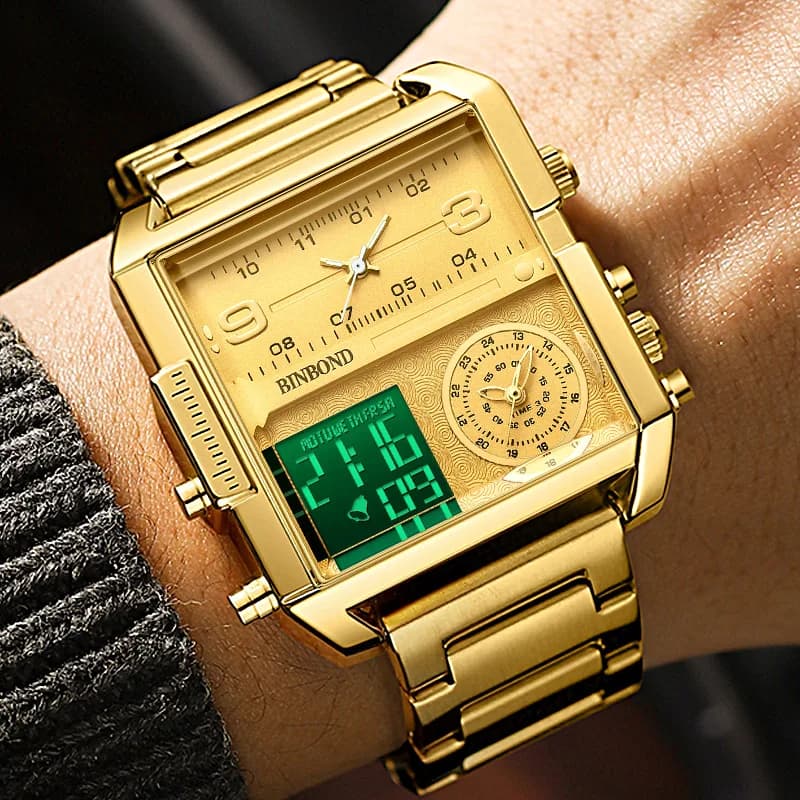 Orologi da uomo multifunzione Quadrante grande Cronografo impermeabile alla moda in acciaio inossidabile Orologio da polso sportivo digitale con doppio tempo