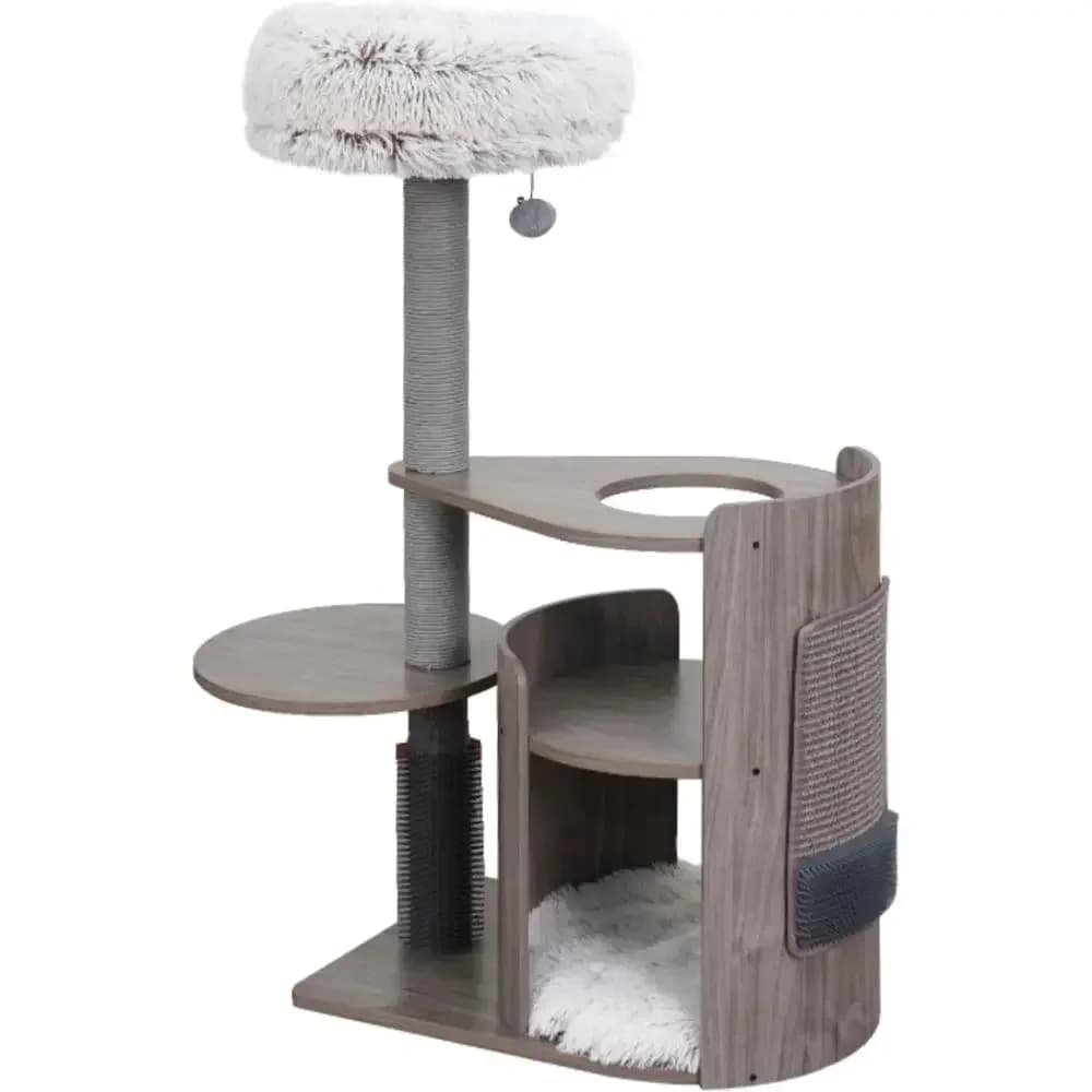Albero per Gatti Ecologico in Legno con Corda Riciclata, Tappetino in Sisal, Massaggiatore per Toelettatura, Cuccia Rimovibile (Taupe)