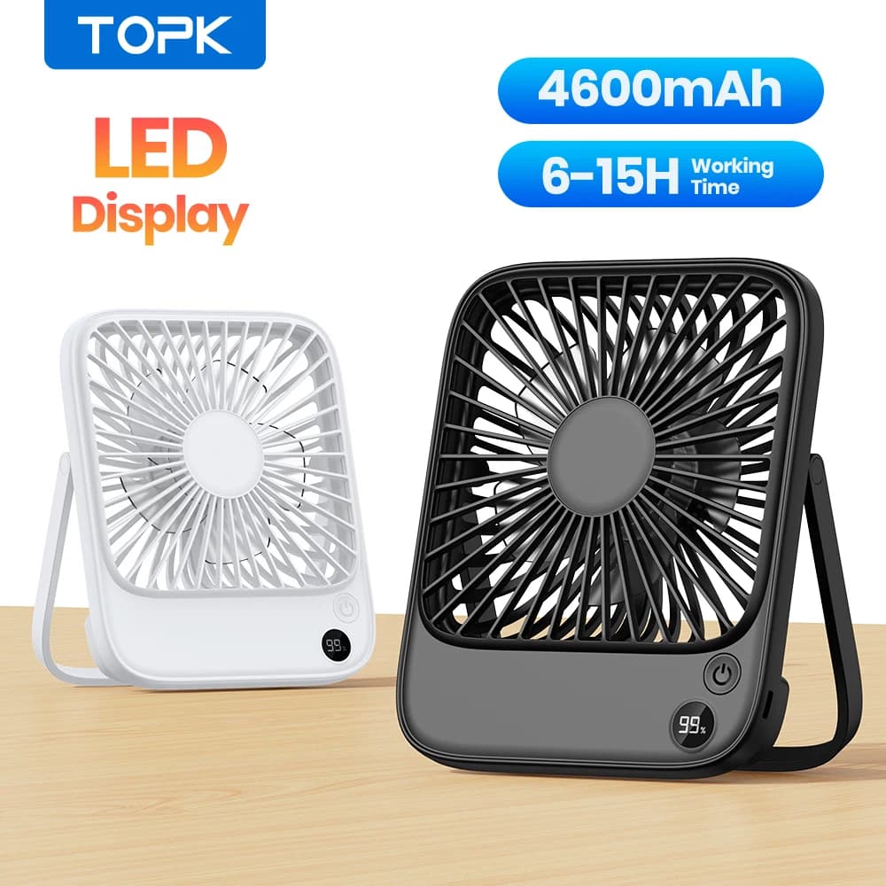 TOPK Mini ventilatore portatile ultra sottile 5000mAh USB ricaricabile Ventilatore da tavolo elettrico Display a LED Ventola da tavolo di raffreddamento personale da campeggio