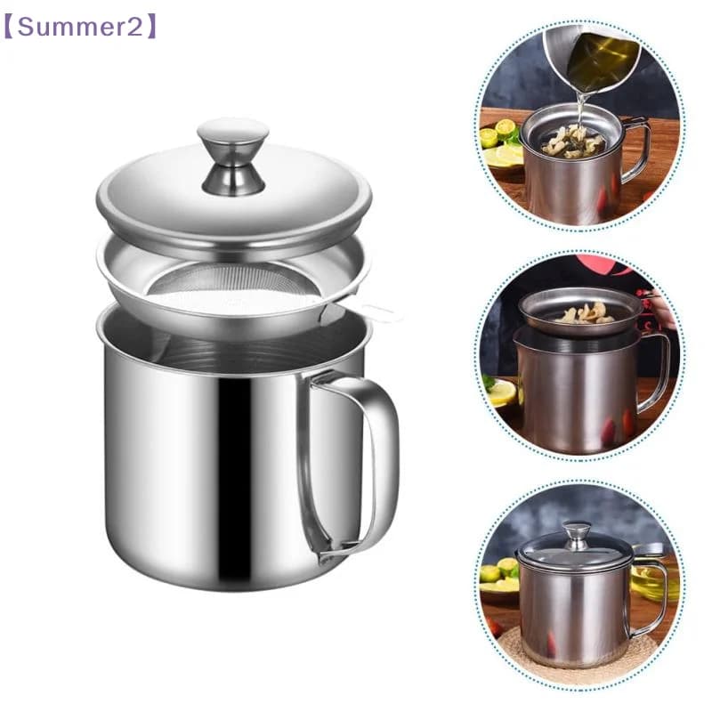 【Xia2】1.3L Stainless Steel Oil Filter Pot Kitchen Oil Container Can With Fine Mesh Strainer For Frying Oil Storage Reuse{S}