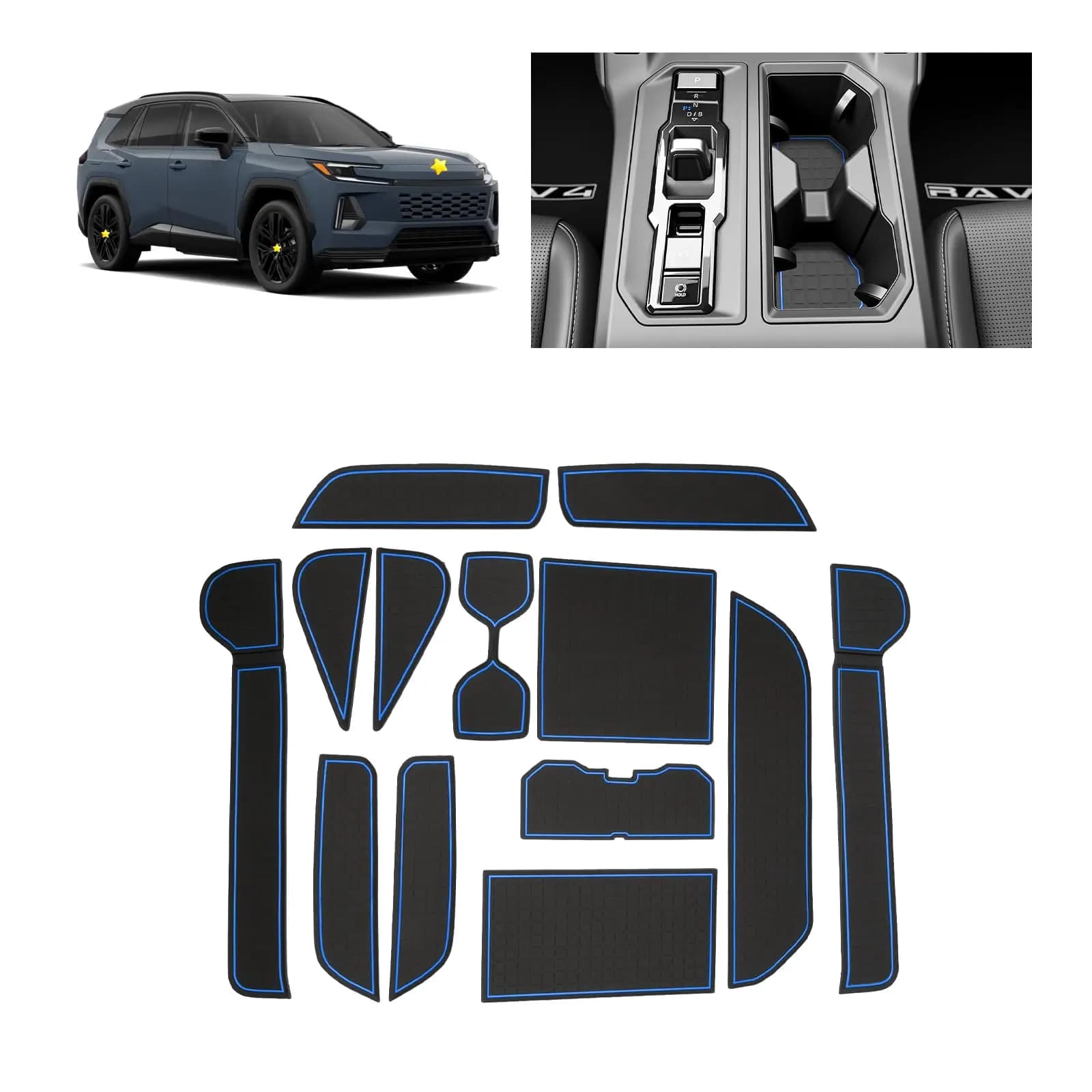 Set di 13 Tappetini Antiscivolo per Interni Auto, Portaoggetti e Console per Toyota RAV4 2026+ Nero