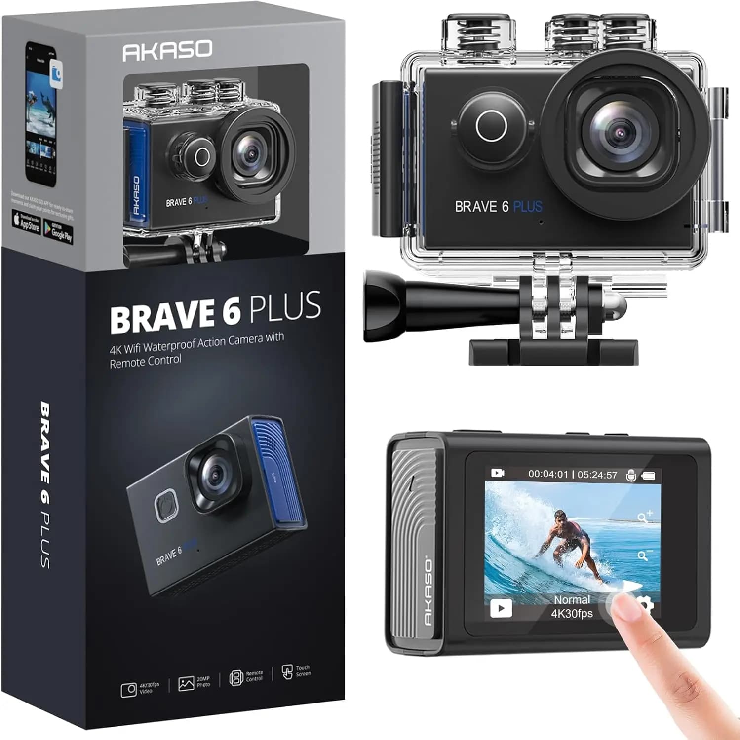 Brave 6 Plus 4K30FPS Action Camera 20MP WiFi Touch Screen EIS 4X Zoom Voice Control 131ft Waterproof with 2x 1350mAh