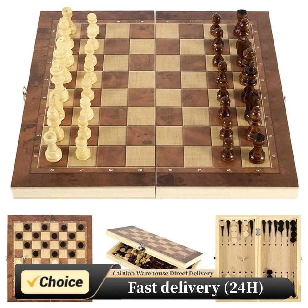 Set di Scacchi 3 in 1 Pieghevole in Legno, Set da Viaggio per Scacchi e Dama, Gioco da Tavolo