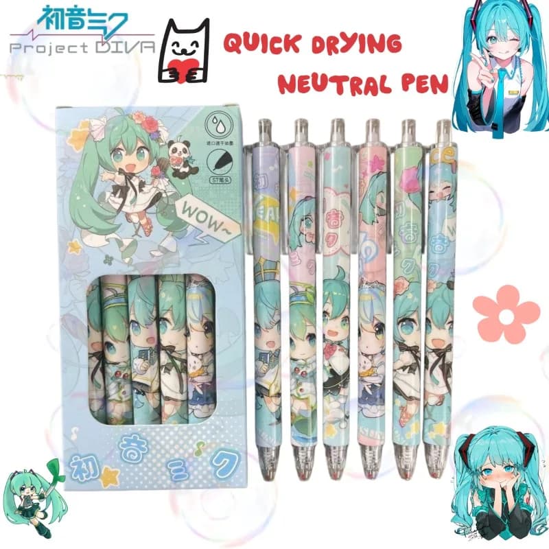 Hatsune Miku Cute Cartoon Retractable Gel Pens, Quick-drying 0.5mm Black Ink Pens, Girly Limited Edition Set for Study & Exam