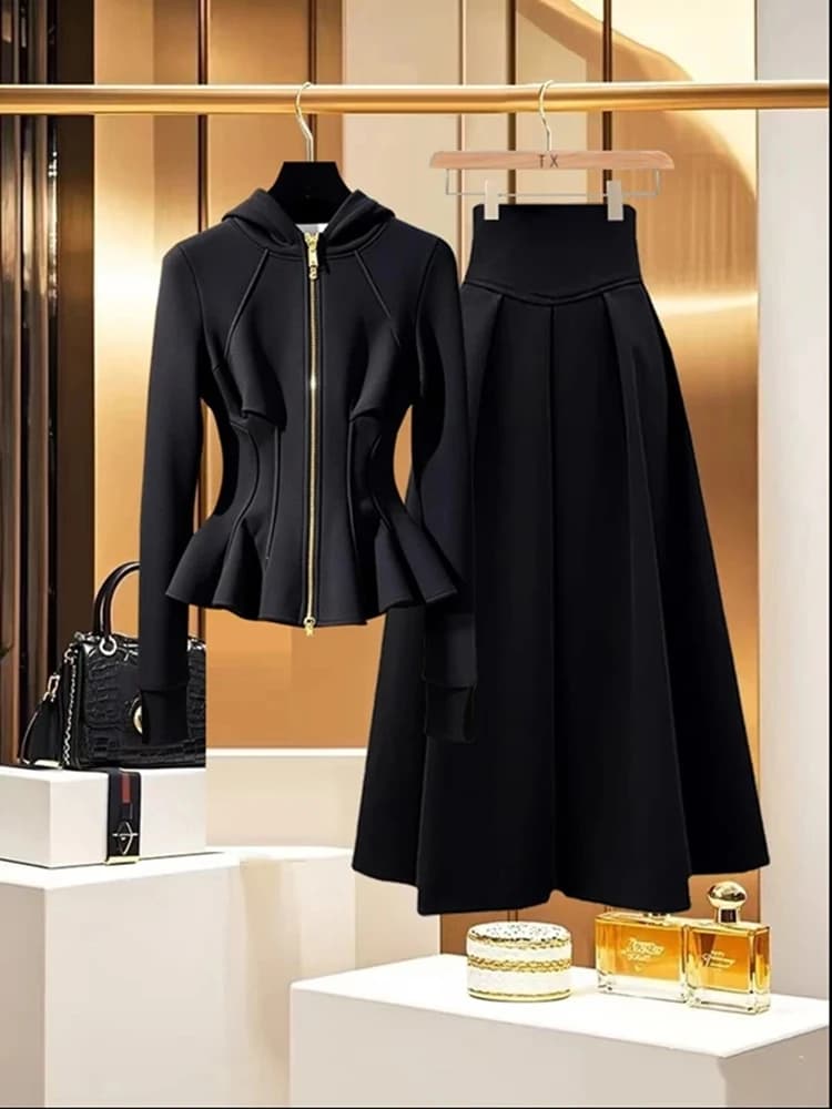Black Hoodie Jacket Skirt Two-Piece Set Women's High Waist A-Line Midi Spring Commute Style Complete Set Long Sleeve