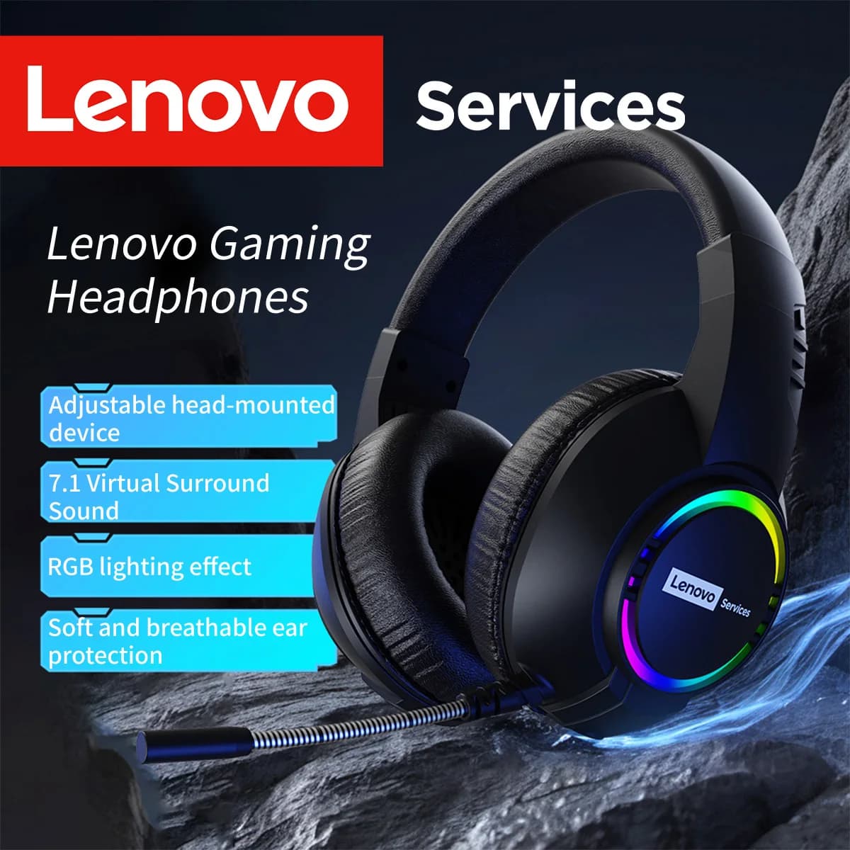 Cuffie da Gaming Lenovo E08 con Audio Surround Virtuale 7.1, Driver da 50mm, Illuminazione RGB, Cuffie Over-Ear con Microfono per Giocatori PC ed E-sport