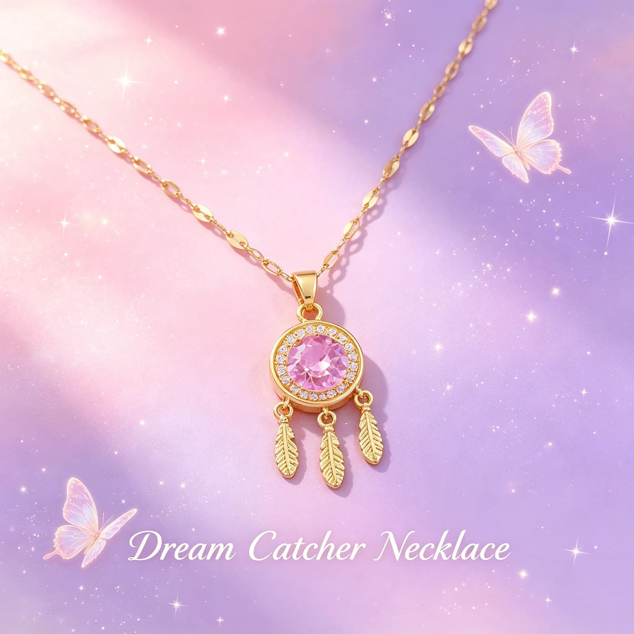 Dream Catcher Pendant Necklace, Pink & Clear Polished Accents Elegant Whimsical Jewelry Gift for Women & Girls