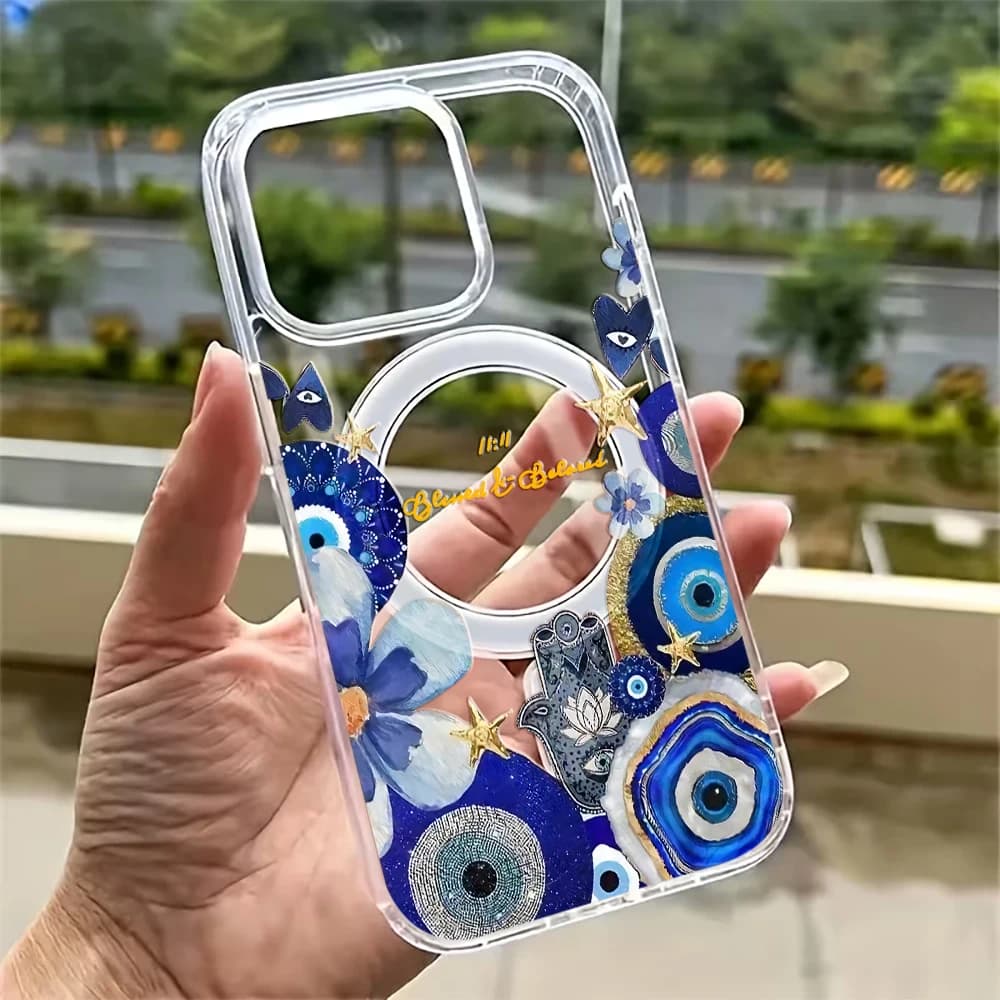 Blue Evil Eye & Floral Phone Case For iphone 17 14 15 16 11 12 13 Pro Max 17 Air 15 14 16 Plus 15 17 16 Pro Magnetic TPU Cover