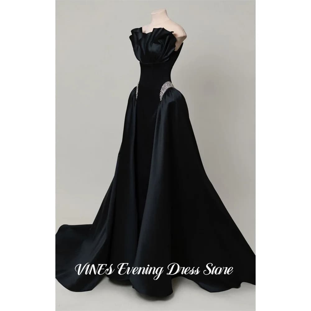 VINES Abito da sera nero con scollo arricciato, abito da festa in raso con vita in cristallo scintillante, robes du soir personalizzate