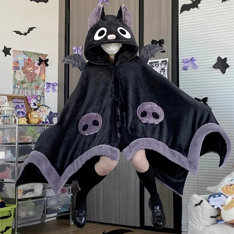 Pigiama di peluche pipistrello Kawaii Y2k Mantello di cartone animato Volpe Squalo Indumenti da notte Costume di Halloween Mantello caldo invernale Mantello coperta femminile
