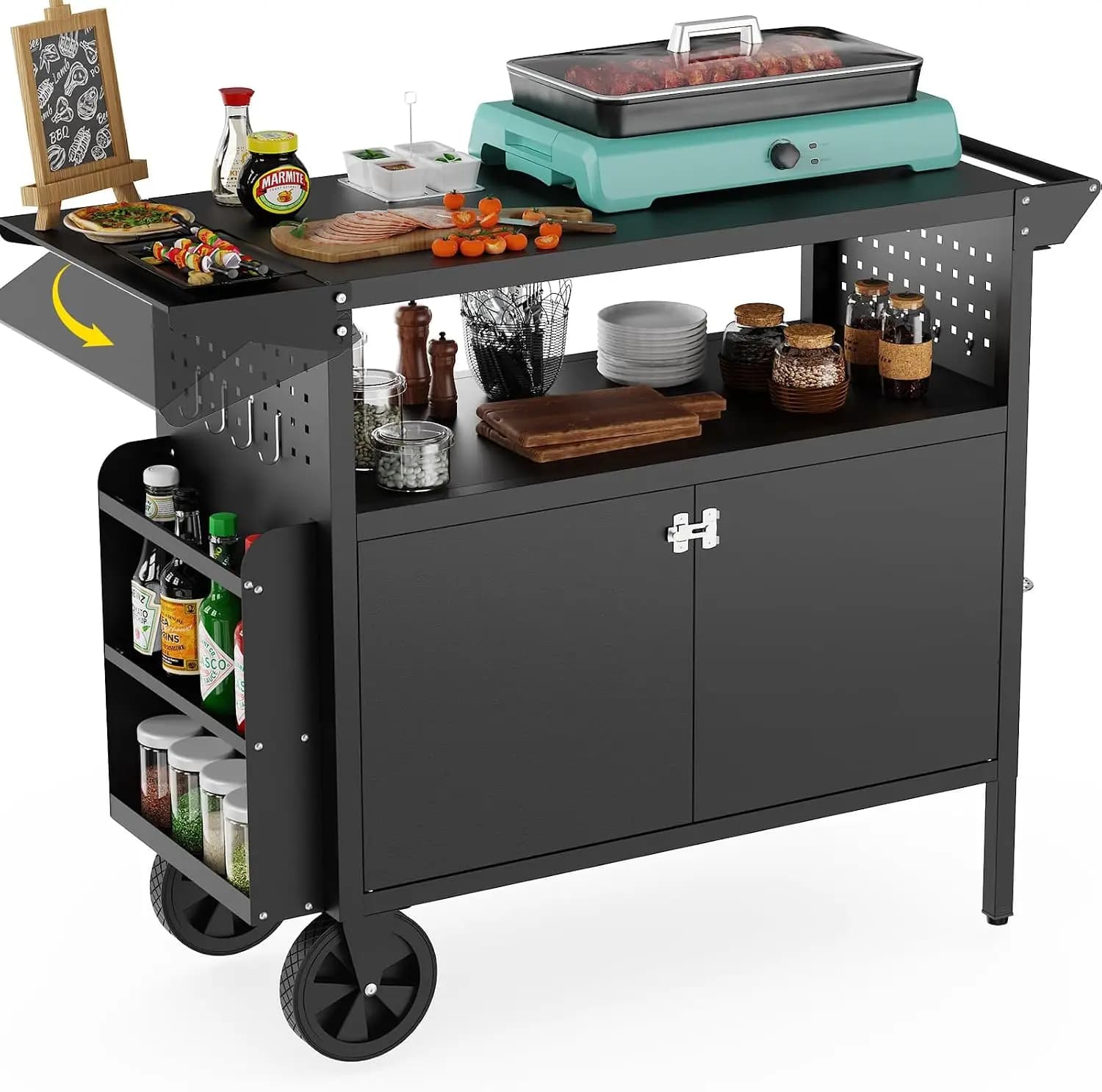 Outdoor Grill Cart Table With Storage Kitchen Island With Wheels Foldable Tabletop For BBQ Food Prep Station Heavy Duty Metal Griddle Countertop For Patio And Camping