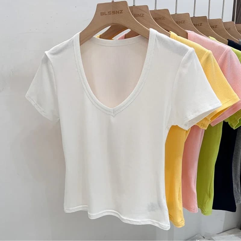 2026 Femminile Y2K Magliette e camicette Vestiti di Estate Sexy Basic Crop Top Donne A Coste Manica Corta T-Shirt Casual Con Scollo A V Solido Slim Fit Tee