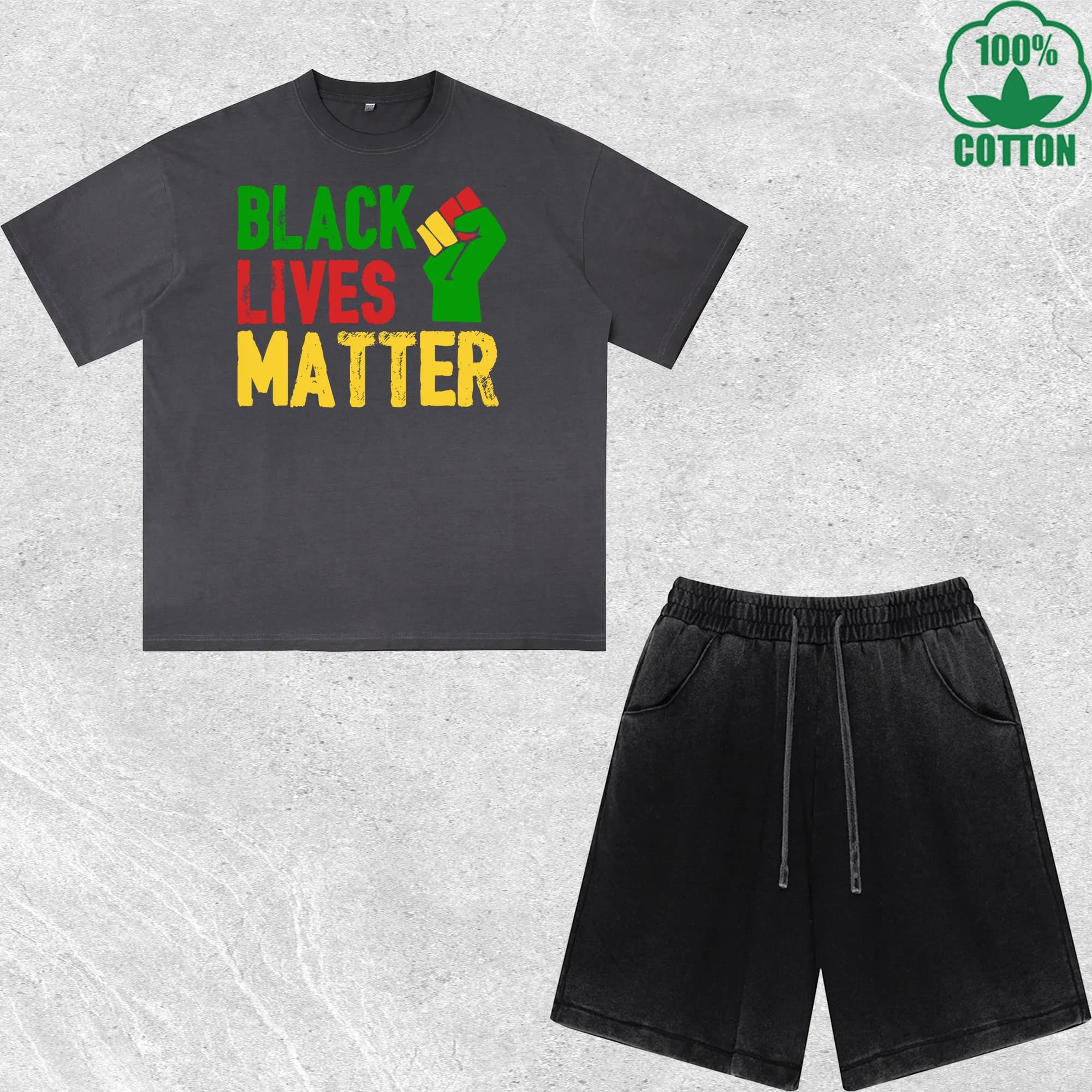 Set T-shirts and Shorts Printed Black Lives Matter Delavé Effect, Wide fit, Trendy and Fashion, 100% Cotton, Convenience Pack