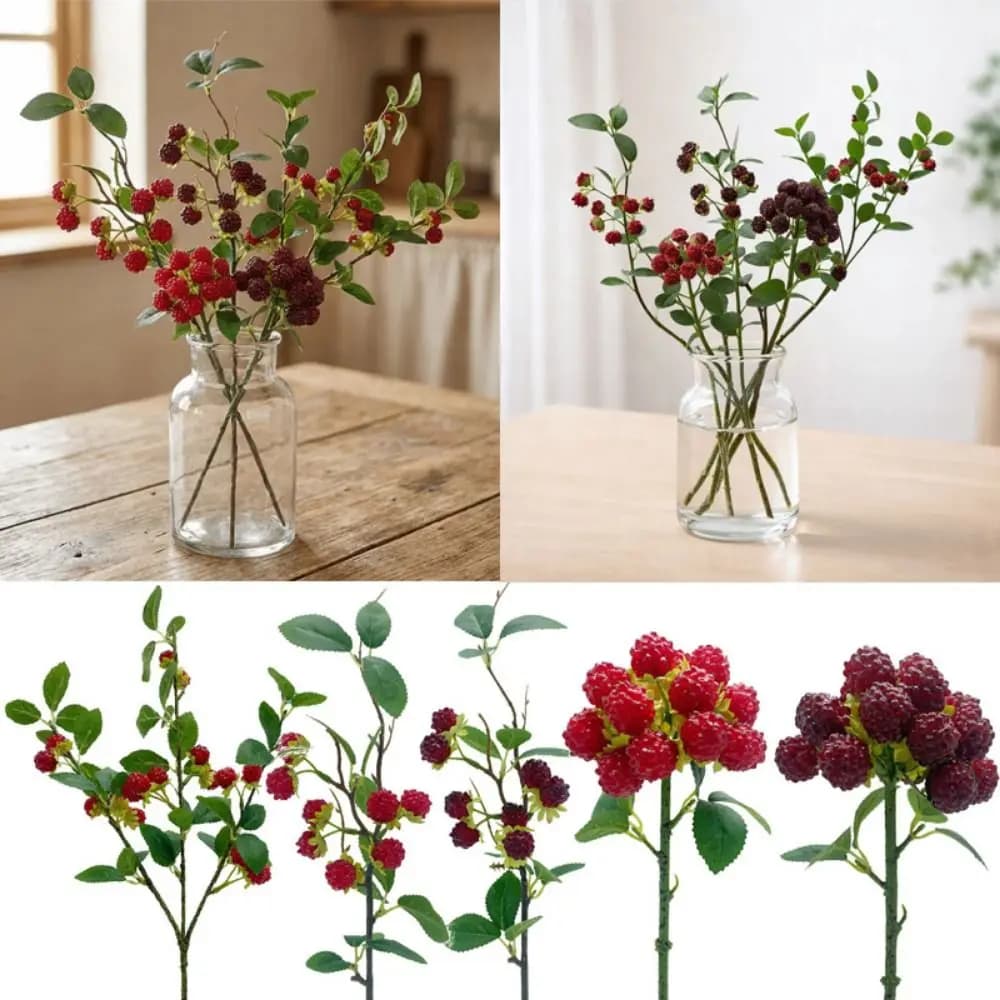 Red Berry Raspberry Artificial Plant DIY Green Leaves Simulation Berry Branches Floral Arrangement Accessories