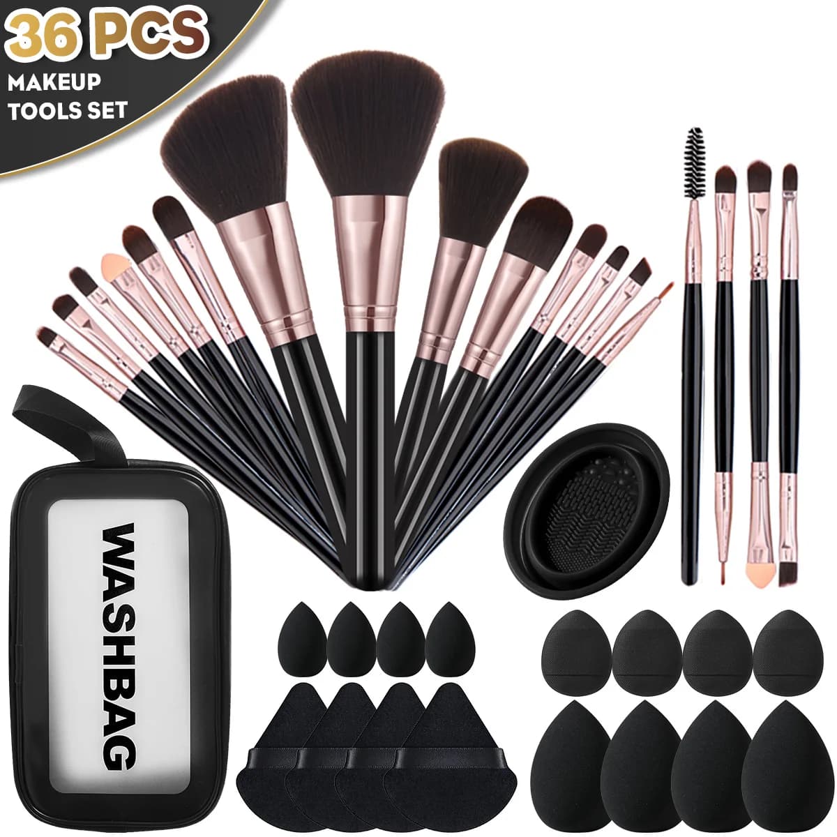 36Pcs Black Rose Gold All-in-One Makeup Tools Set, Professional Face & Eye Makeup Brushes, Triangle Powder Puffs, Multi-Size Black Makeup Sponges, Silicone Brush Cleaner & Transparent Zipper Wash Bag for Full Face Makeup