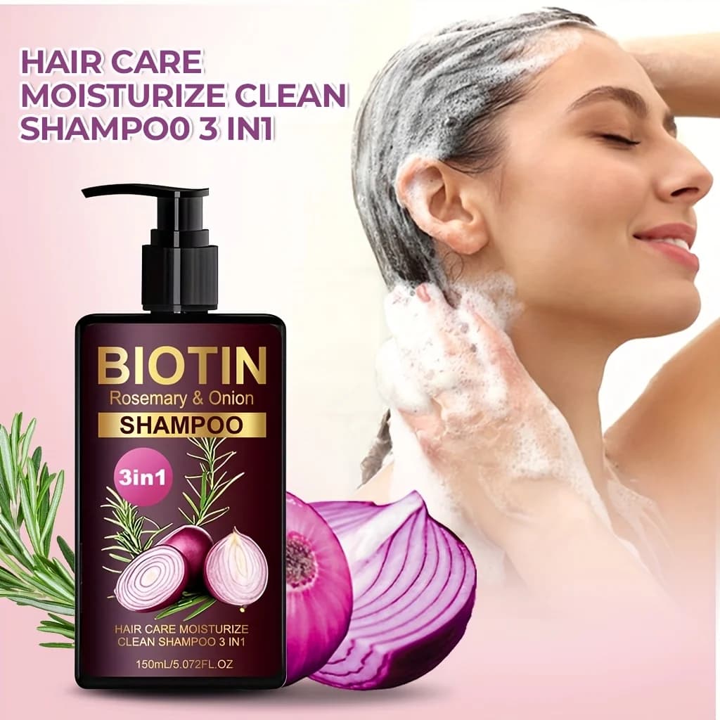Shampoo biotin with rosemary and onion Shampoo 3 in 1, to clean and hydrate hair dirt, strengthens hair, reduces hair break