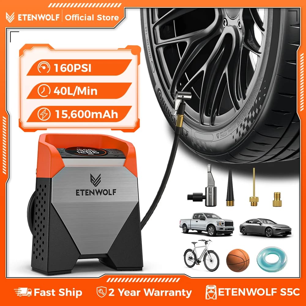ETENWOLF ZEPHYR S5C Gonfiatore portatile per pneumatici Compressore per auto resistente 160PSI e 15600mAh per pickup Pneumatici per auto Moto
