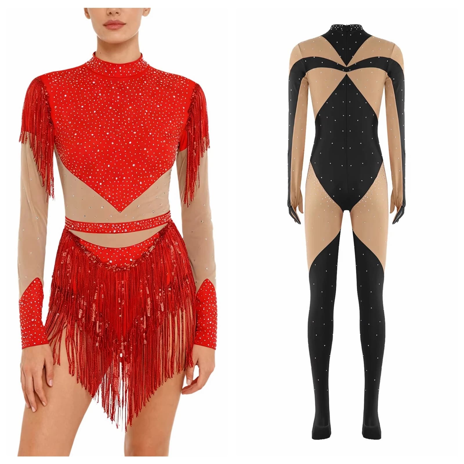 Per la danza latina Chacha Pattinaggio su ghiaccio Vestiti Pattinaggio di figura da donna Strass Body con paillettes Nappa Ginnastica Body Tuta