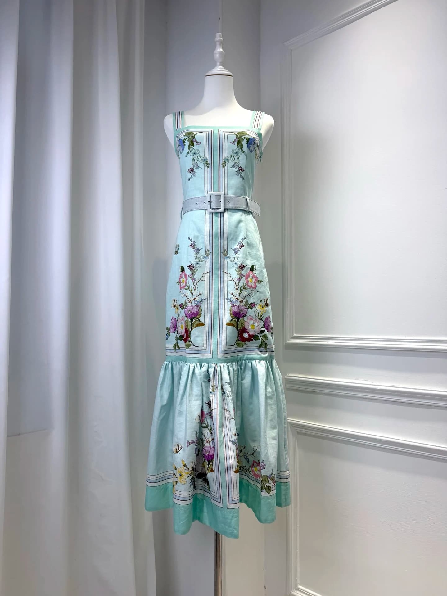 Flower Print Women's Long Dress Cotton Blend Square Collar Sleeveless High Waist Casual Female Robe with Belt